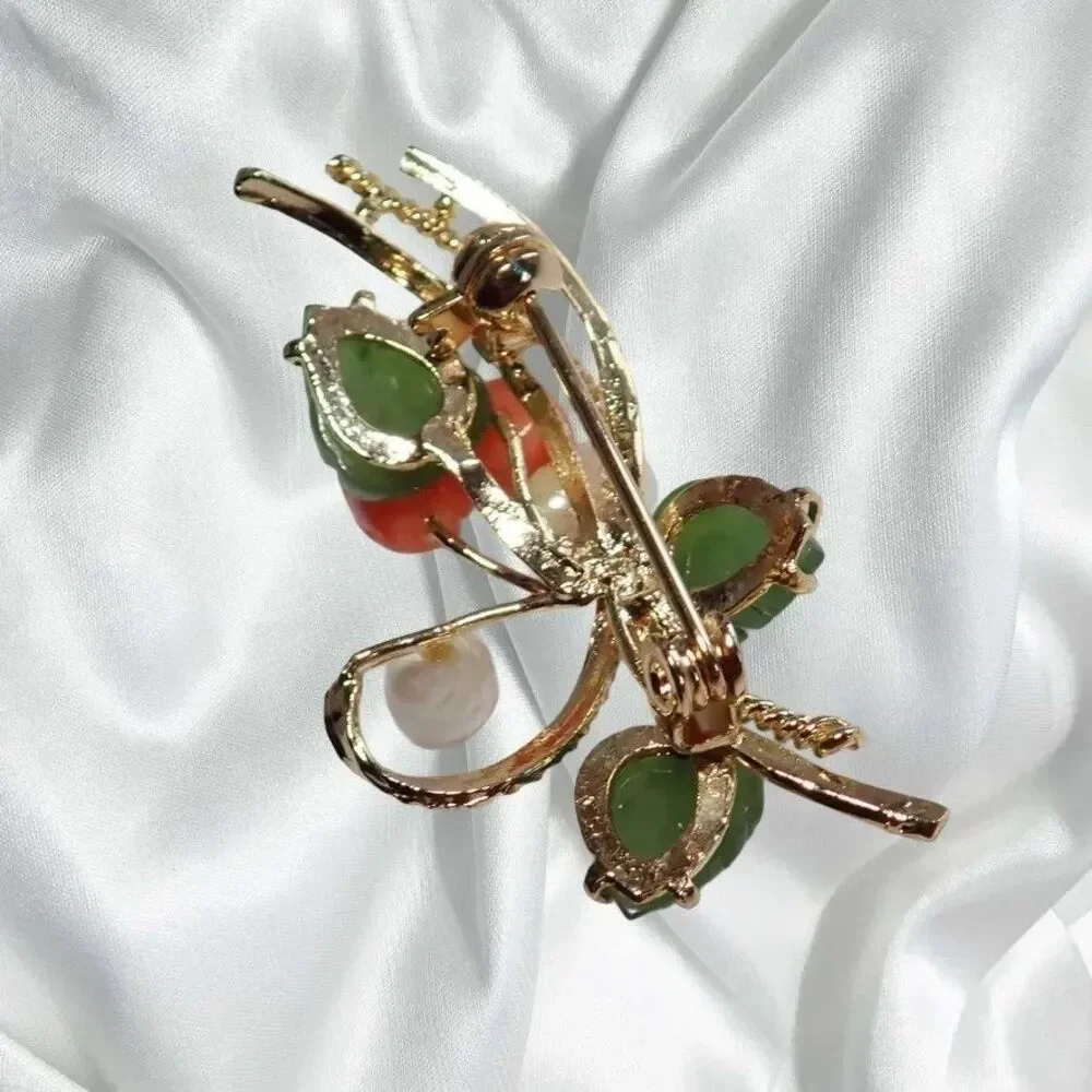 Pink Coral Pearls & Green Jade Leaves Brooch Floral Spray Faux Fashion VTG Pin